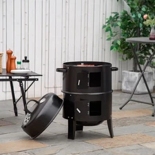 3-In-1 Outdoor BBQ Charcoal Smoker & Grill w/ 2 Cooking Racks & Heat Thermometer