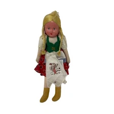 Vintage Poland Polish Folk Art European Fabric Rag Cloth Doll Celluloid Face 11"