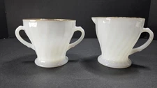 Anchor Hocking Milk Glass Creamer & Sugar Set Gold Rim Selenium Glow