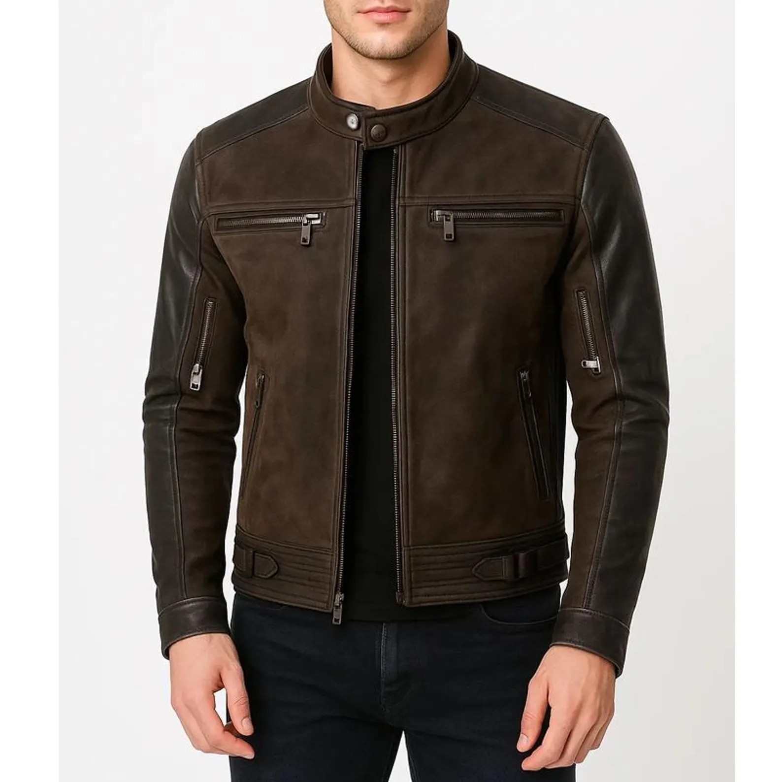 Chaqueta de Motociclista de Cuero Gamuza Marrón para Hombre Doble Tono Café Racer con Bolsillos con Cremallera