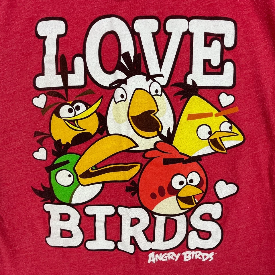 Angry Birds Love S Red Graphic T-Shirt Striped Short Sleeve Retro Gamer Fitted - Image 3 of 4