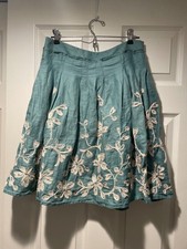 Talbots 4P 100 Linen Embroidered Floral A-Line Skirt Blue Lined Petite Boho