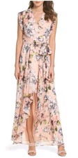 Eliza J Peach Floral High Low Wrap Dress Flutter Sleeve Belted