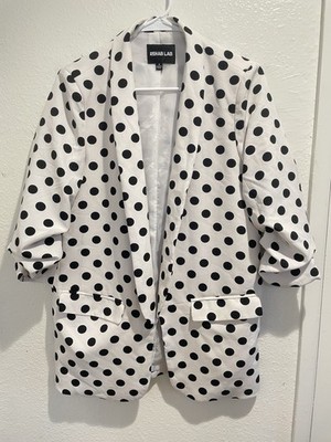 Rehab Lab Polka Dot Blazer Jacket Womens Small S White Black Ruched 3/4 Sleeve 