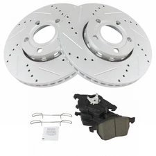 Front Ceramic Brake Pad & Performance Drilled Slotted Coated Rotor Kit