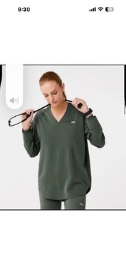 FIGS Halle Scrub Top V-Neck Cuff Long Sleeve Tunic Moss Green  M