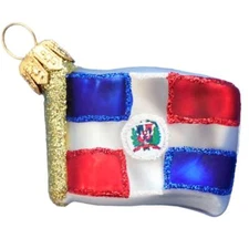 DOMINICAN REPUBLIC FLAG EUROPEAN BLOWN GLASS CHRISTMAS TREE ORNAMENT