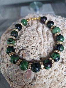 Authentic Ruby Zoisite And Gold Plated Rhinestone Spacers