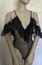 PRETTYLITTLETHING Black Sheer Mesh Polka Dot Frill Trim Bodysuit