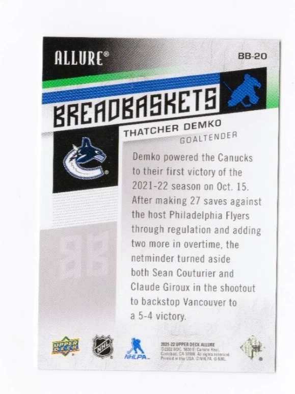 2021-22 Upper Deck Allure Thatcher Demko #BB-20 Breadbaskets Vancouver Canucks - Image 2 of 2