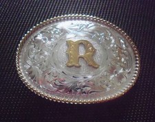 Initial R Floral Scroll Pattern Sterling Silver Plate Belt Buckle - U.S.A Made