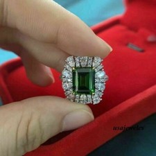 2CT Emerald Cut Real Emerald Wedding 14K 2-Tone Gold Finish Cluster Jewelry Ring