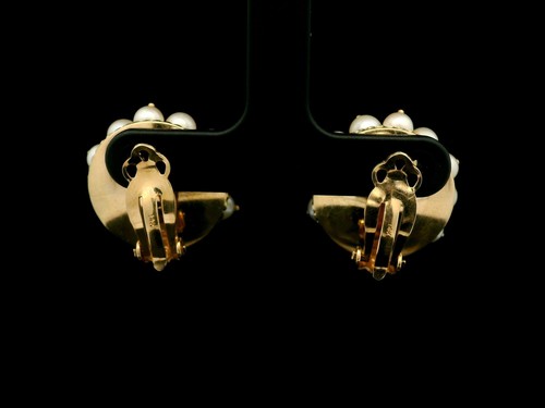 Vintage 14k Yellow Gold Cultured Pearl Sputnik Round Button Clip-On Earrings - Picture 5 of 8