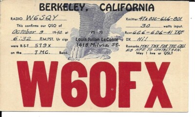 QSL 1940 Berkeley CA   radio card
