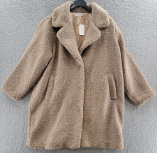 Evans Plus Size Teddy Shearling Midi Coat Women's 20 Neutral Long Sleeve Pockets