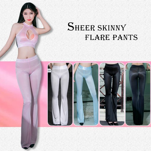 Women Shiny Silky Pants Flared Trousers Sheer Skinny Sexy Legging Yoga Fitness - Picture 2 of 18