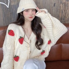 Femme Tricot Pull Cardigan Manteau Desseré Bouton Mignon Pull Fraise