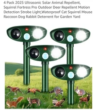 4 Pack 2025 Ultrasonic Solar Animal Repellent, Squirrel Fortress Pro Outdoor Dee