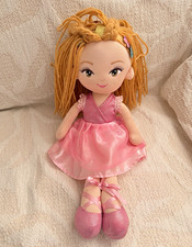 With Snuggles Rag & Cloth Girl Doll Fabric Blonde Hair Brown Eyes Pink Dress
