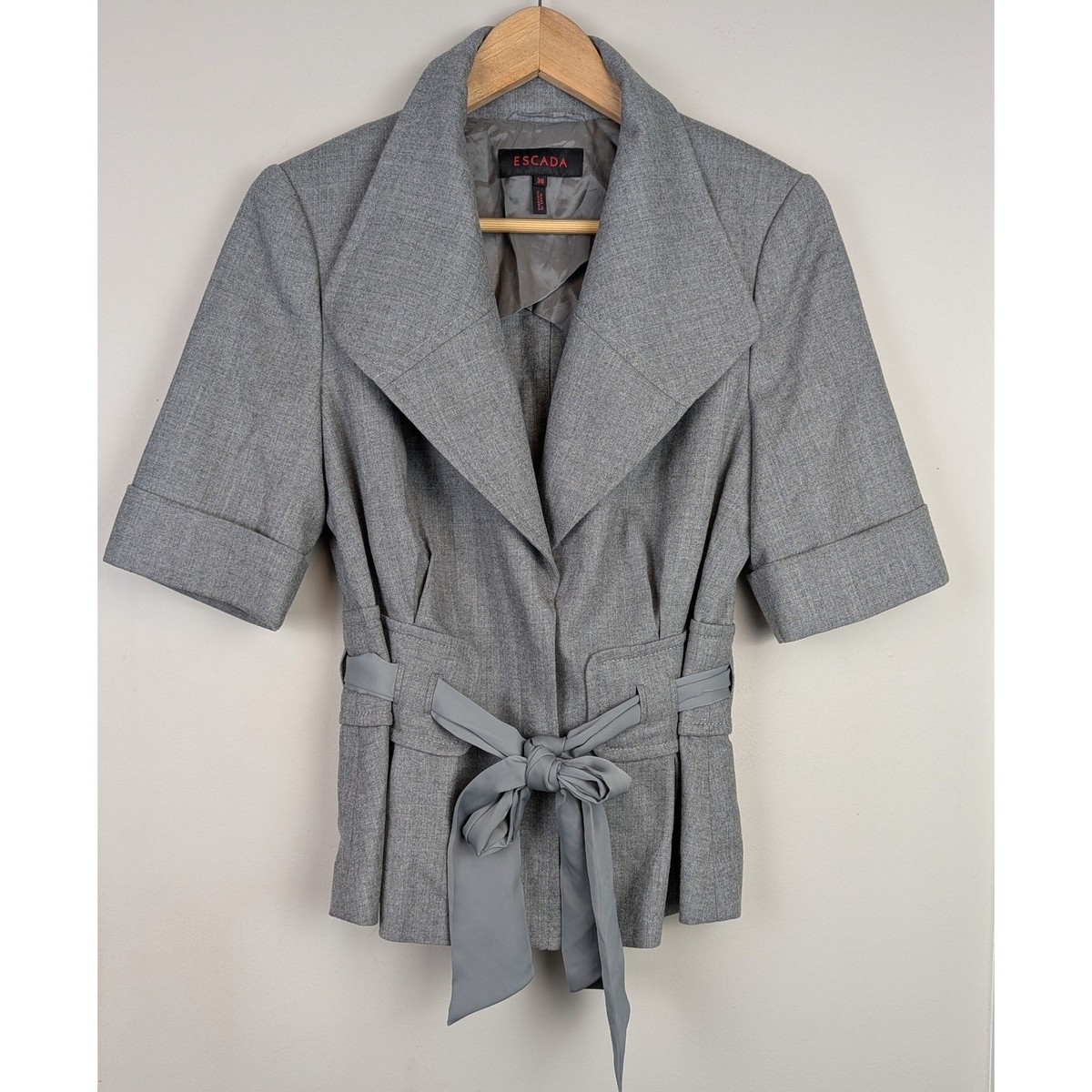 Escada Short Sleeve Belted Jacket Gray Stretch Wool 36 | eBay