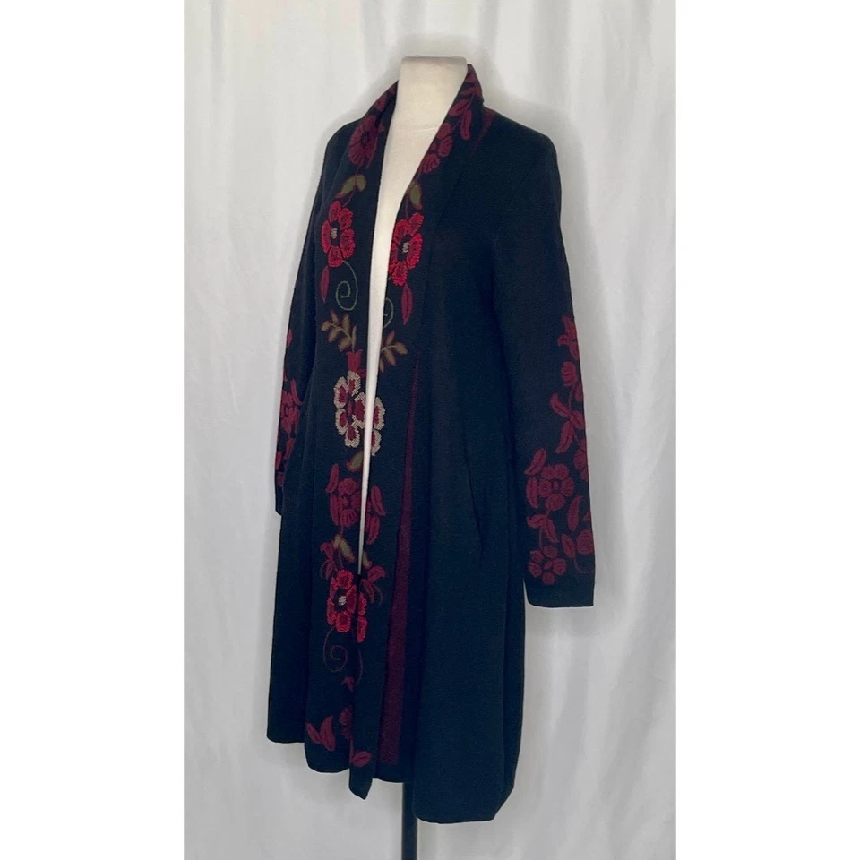MAXSPORT Black Red Floral Duster Cardigan Sweater Wool Max Sport Knitwear Medium - Image 3 of 4