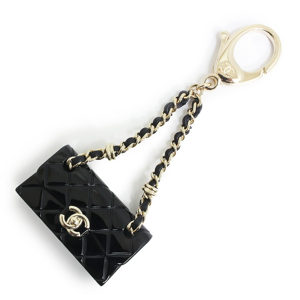 Chanel Matelasse Chain Bag Charm Keychain Keyring Resin Black Gold Hardware Aba1
