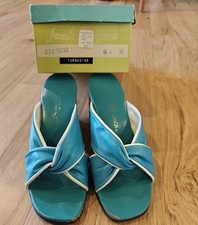 Vintage Jack Rogers Twisted Leather Cork Wedge Slide Sandal Turquoise Size 8M