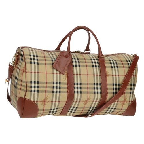 BURBERRY Nova Check Boston Bag PVC Leather 2way Beige Gold Auth 168710V