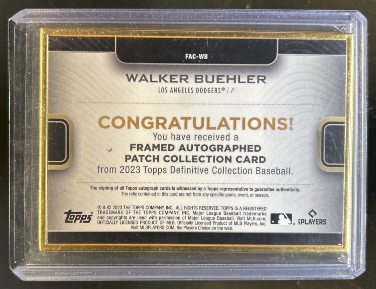 2023 Topps Definitive Walker Buehler Framed Patch Auto Autograph Purple #/10 view 2