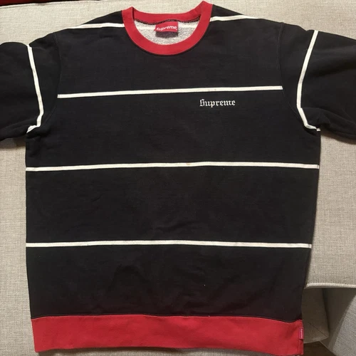 Sweat col rond rayé Supreme FW17 taille M noir blanc rayé détail rouge