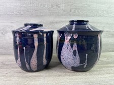 Artisan Studio Pottery Bowls with Lids 2-Piece Set Blue Pink Drip Glaze Signed