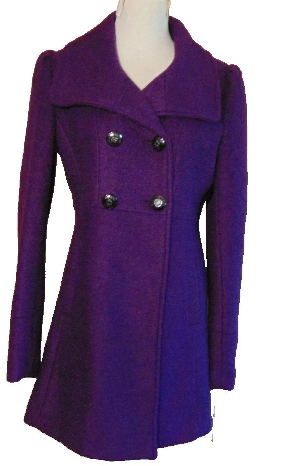 QUESS WOMENS VIOLET PURPLE WOMENS WOOL BLEND BOUCLE COAT FUNNEL NECK PEACOAT~M - Image 3 of 4