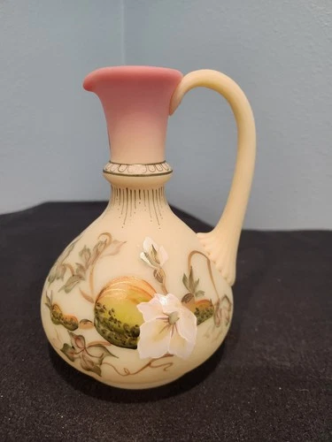 FENTON LIMITED EDITION BURMESE GLASS PITCHER VASE w FALL SQUASH & MELON DESIGN