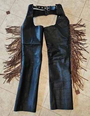 A-1 Leather Chaps Womens XXS Black Brown Fringe Motorcycle Biker waist