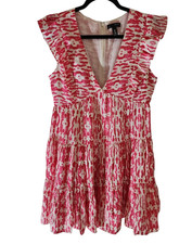 AQUA Pink White Ikat Print Tiered Mini Dress Ruffle Sleeve V-Neck Size M