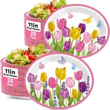 50 Pcs Spring Oval Paper Plates 11inch Tulip Party Plates Easter Floral Butte...