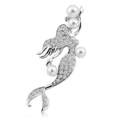 Rhinestone Mermaid Brooch Silver Crystal Pearl Pin Sea Ocean Summer Jewelry Gift