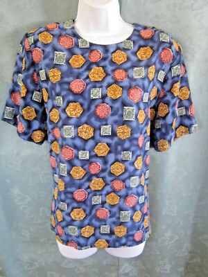 VTG 90's Kathy Che Top Size Medium Collarless Medallion Print Career Shell
