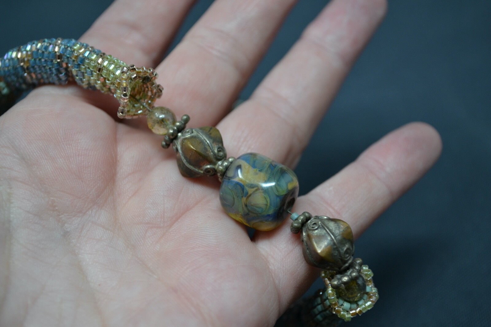 Vintage Woven Seed Bead Tube Necklace Glass Artist Ha… Gem