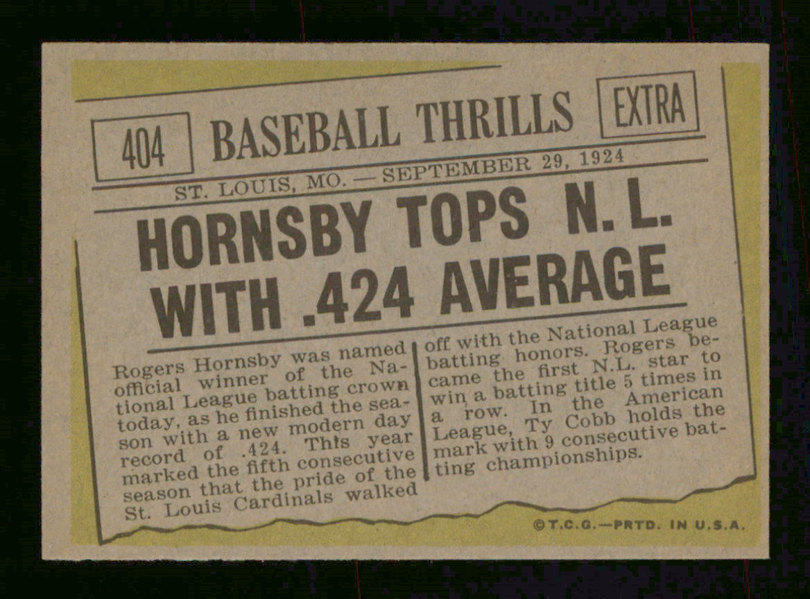 BIBIY ベースボール 1961 TOPPS BASEBALL # 404 HORNSBY TOPS N.L. WITH .424 AVERAGE INV