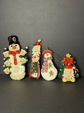 Vintage Lot Of 4 Salt Dough Christmas Ornaments Santa, Snowmen And Tree