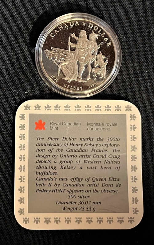 1990 CANADA .500 SILVER $1 PROOF 300th ANNIVERSARY KELSEY EXPLORATION CASE/SPECS