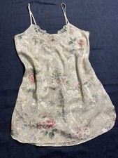 VTG INNER MOST Nightgown SATIN Nightie Beige Baby Pink FLORAL Lace Sz M Made USA