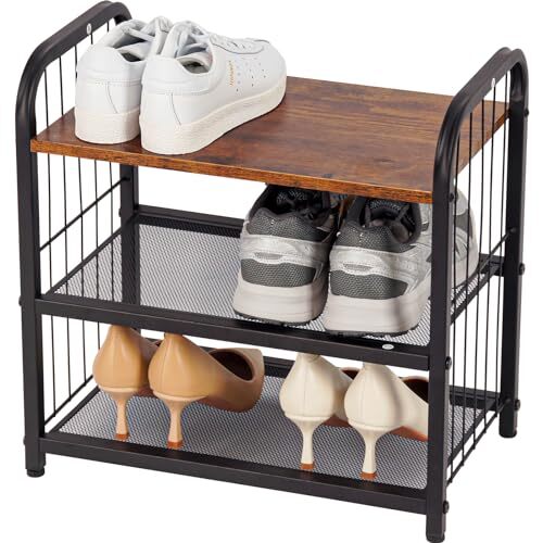 3-Tier Rustic Brown & Black Shoe Rack Organizer 17x10x17 Inches-image
