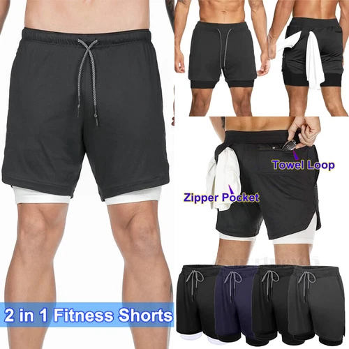 Men's 2 in 1 Sports Jogging Fitness Shorts Quick Dry Gym Pants Workout Bottoms - Picture 1 of 32