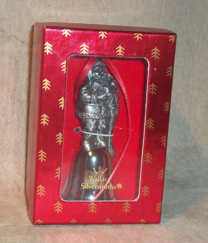NIB 1996 Wallace Silversmiths Pewter Bell Christmas Ornament Santa w Stocking