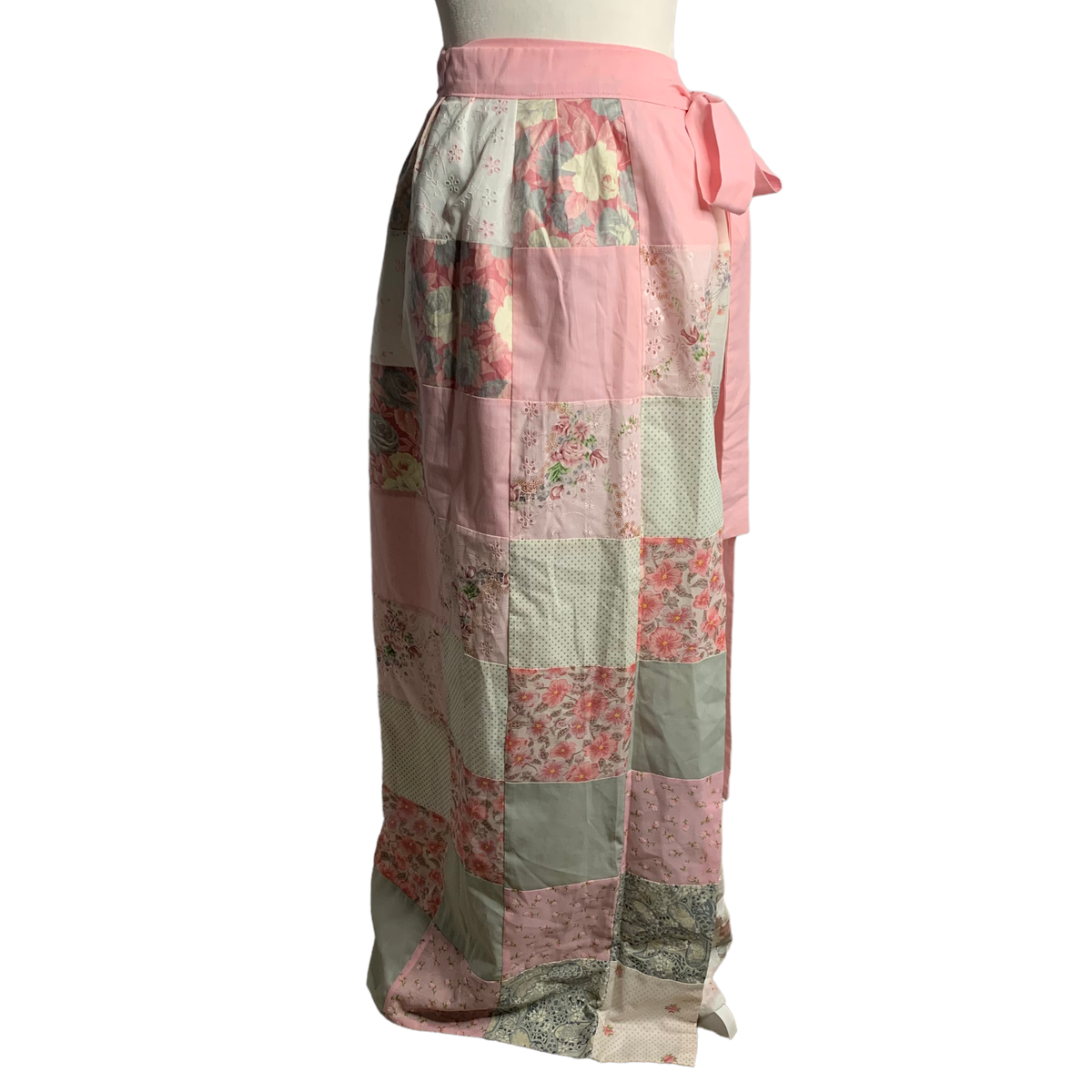 Vintage 70s Patchwork Wrap Skirt S Pink Floral Eyelet Maxi Boho Cottage Core