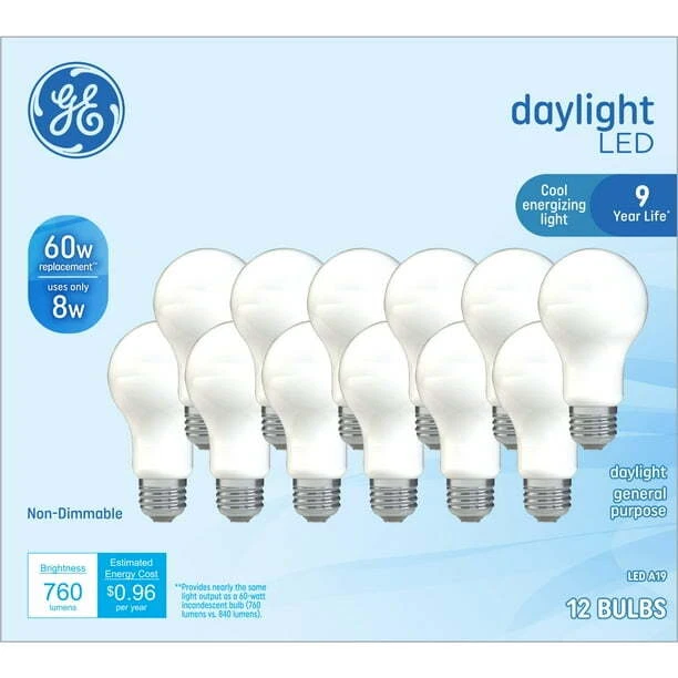 GE LED 60W Daylight A19 Light Bulbs, Medium Base, Frosted, 12-Pack - Image 2 of 4