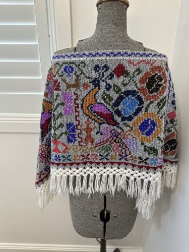 Vintage Women’s Handmade Mexican Cross Stitch Cape Poncho Peacock Floral - Bild 13 von 15