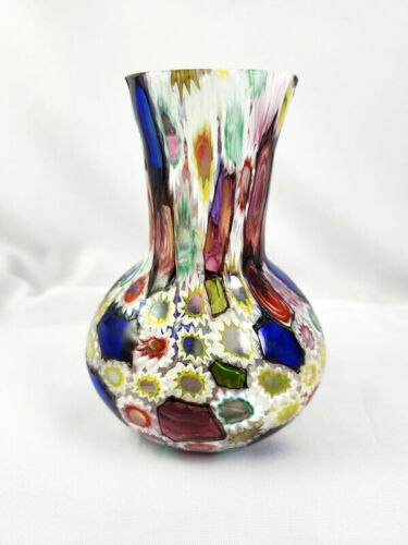 Jarrón de cristal italiano vintage Fratelli Toso Tiffany Windows Millefiori de Murano Italia - Imagen 2 de 7